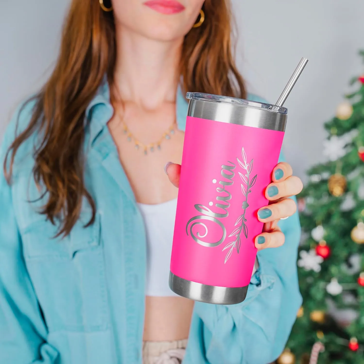 Personalized Tumbler with Engraved Name - 12 Designs, 20 Oz Coffee Tumbler with Slider Lid, Hot Pink, Double Wall Insulated - Custom Gift for Women