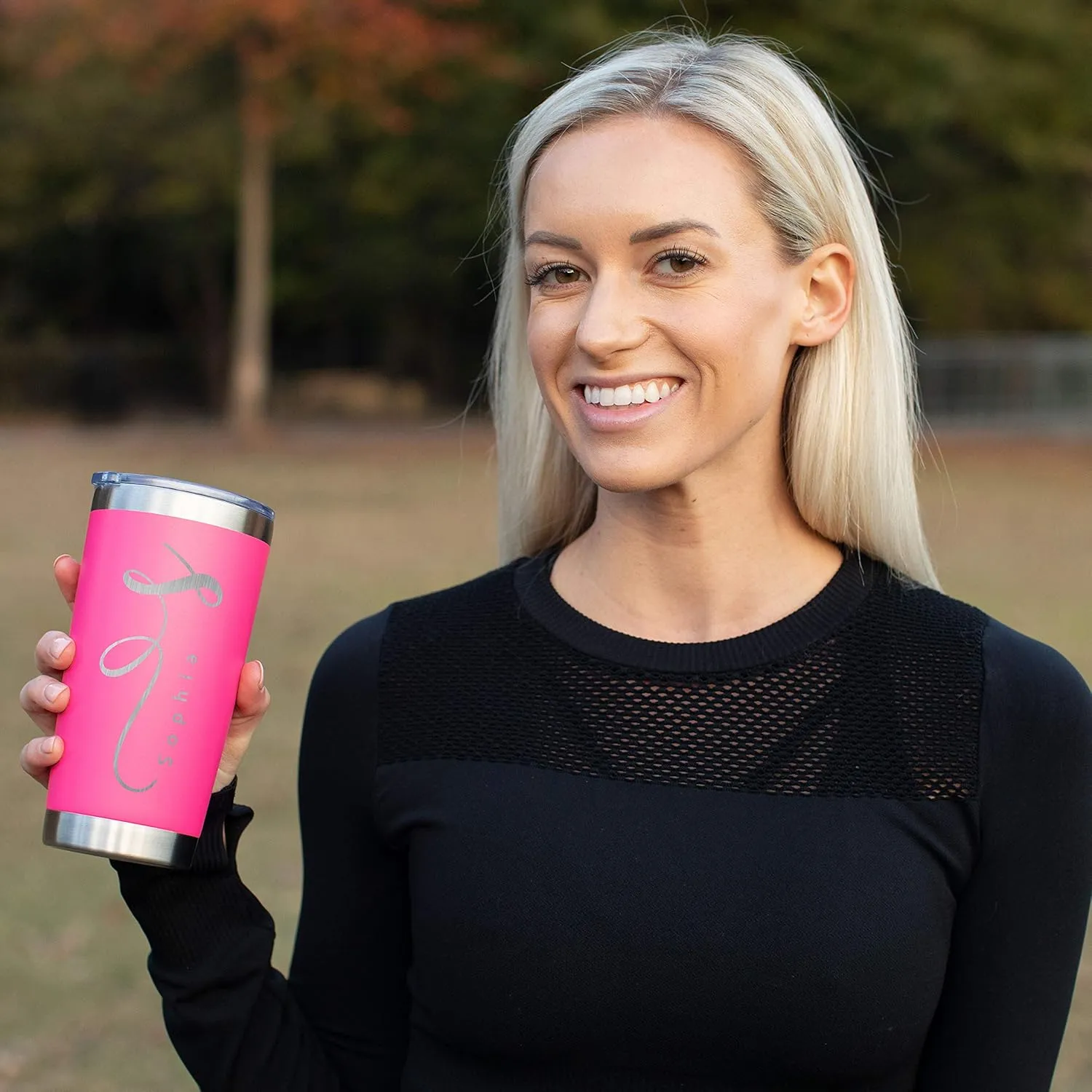 Personalized Tumbler with Engraved Name - 12 Designs, 20 Oz Coffee Tumbler with Slider Lid, Hot Pink, Double Wall Insulated - Custom Gift for Women