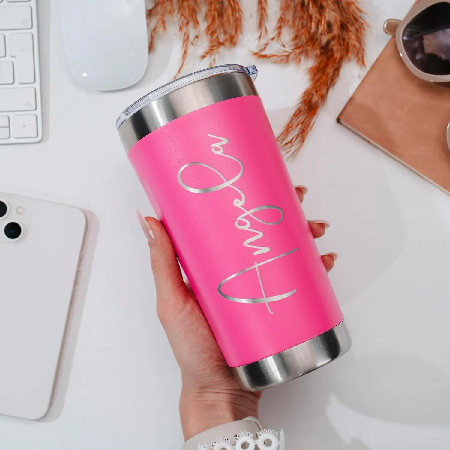 Personalized Tumbler with Engraved Name - 12 Designs, 20 Oz Coffee Tumbler with Slider Lid, Hot Pink, Double Wall Insulated - Custom Gift for Women