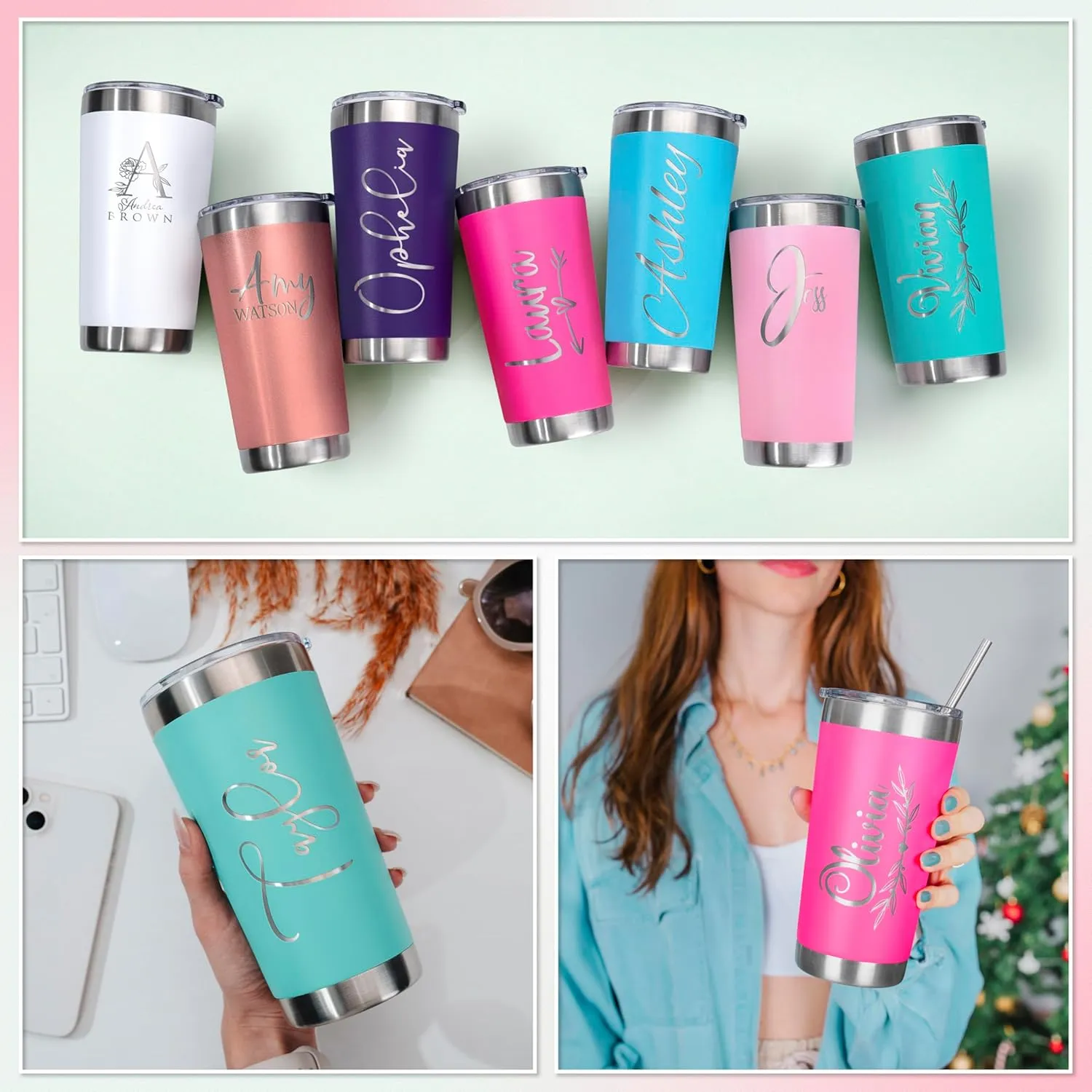Personalized Tumbler with Engraved Name - 12 Designs, 20 Oz Coffee Tumbler with Slider Lid, Hot Pink, Double Wall Insulated - Custom Gift for Women