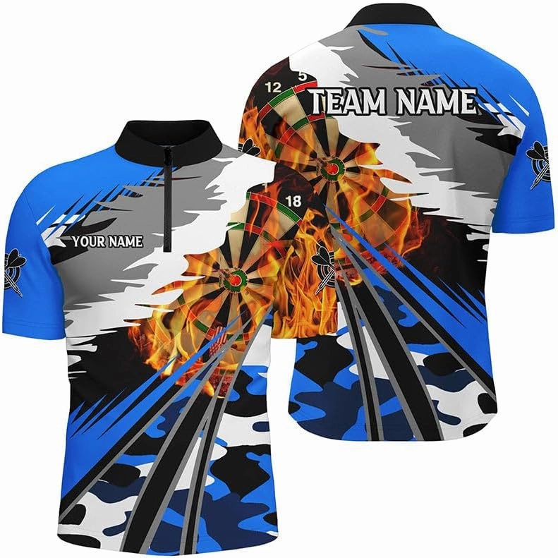 Personalized Dart Jerseys for Men, Dart Shirt, 3D Dart Board Fire Men Dart Quarter-Zip Shirts Custom Green