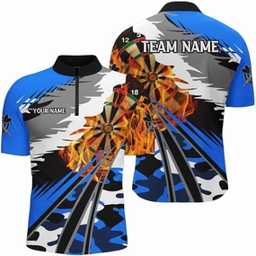 Personalized Dart Jerseys for Men, Dart Shirt, 3D Dart Board Fire Men Dart Quarter-Zip Shirts Custom Green