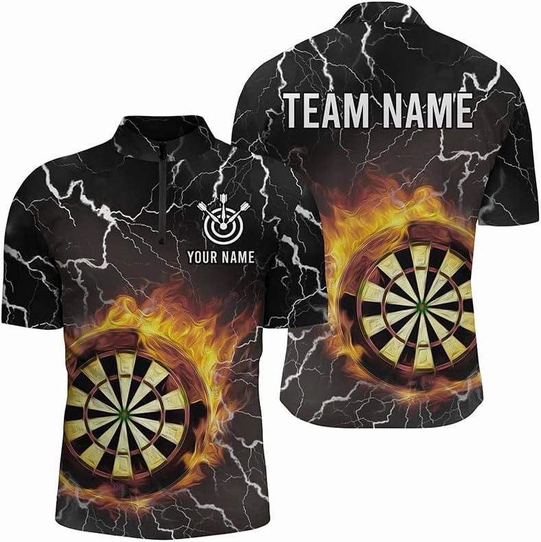 Personalized Dart Jerseys for Men, Dart Shirt, 3D Dart Board Fire Men Dart Quarter-Zip Shirts Custom Green