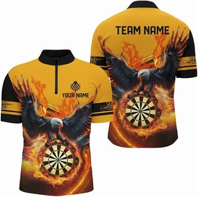 Personalized Dart Shirts for Men, Dart Jerseys for Men, Eagle Flying On Dart Board Fire Yellow Men Quarter