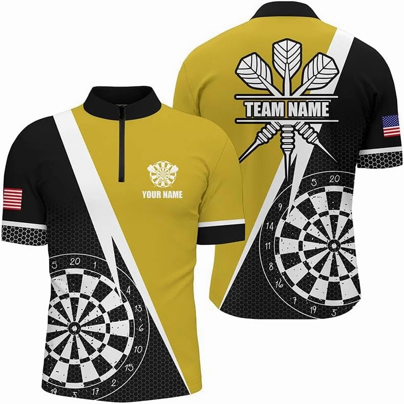 Personalized Dart Shirts for Men, Dart Jerseys for Men, Eagle Flying On Dart Board Fire Yellow Men Quarter