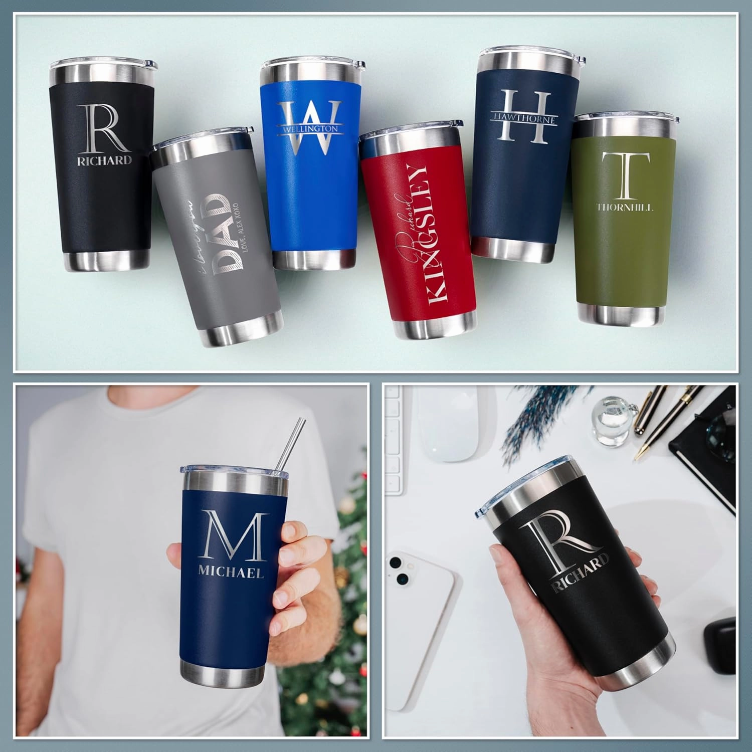 Personalized Tumbler with Engraved Name - 12 Designs, 20 Oz Coffee Tumbler with Slider Lid, Army Green, Double Wall Insulated - Custom Gifts for Men