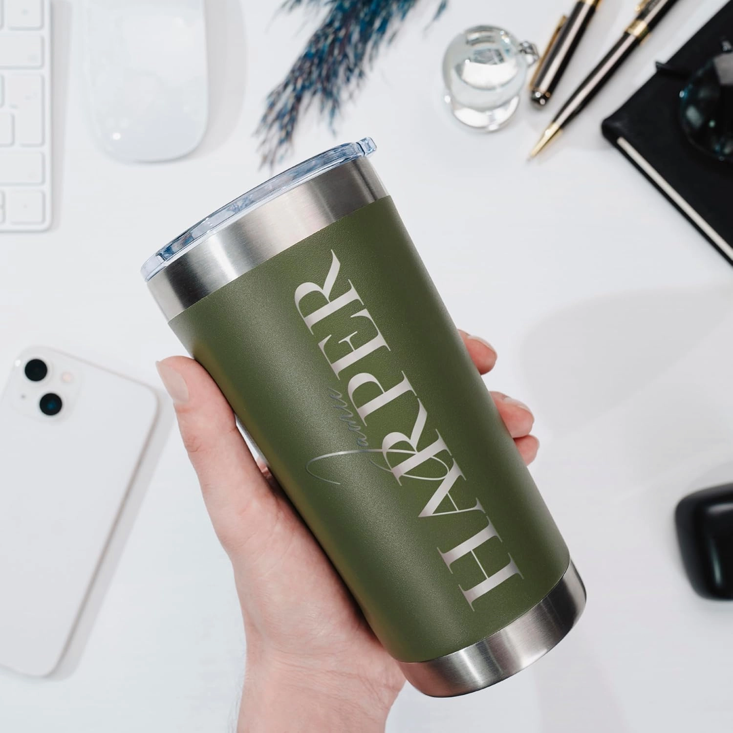 Personalized Tumbler with Engraved Name - 12 Designs, 20 Oz Coffee Tumbler with Slider Lid, Army Green, Double Wall Insulated - Custom Gifts for Men
