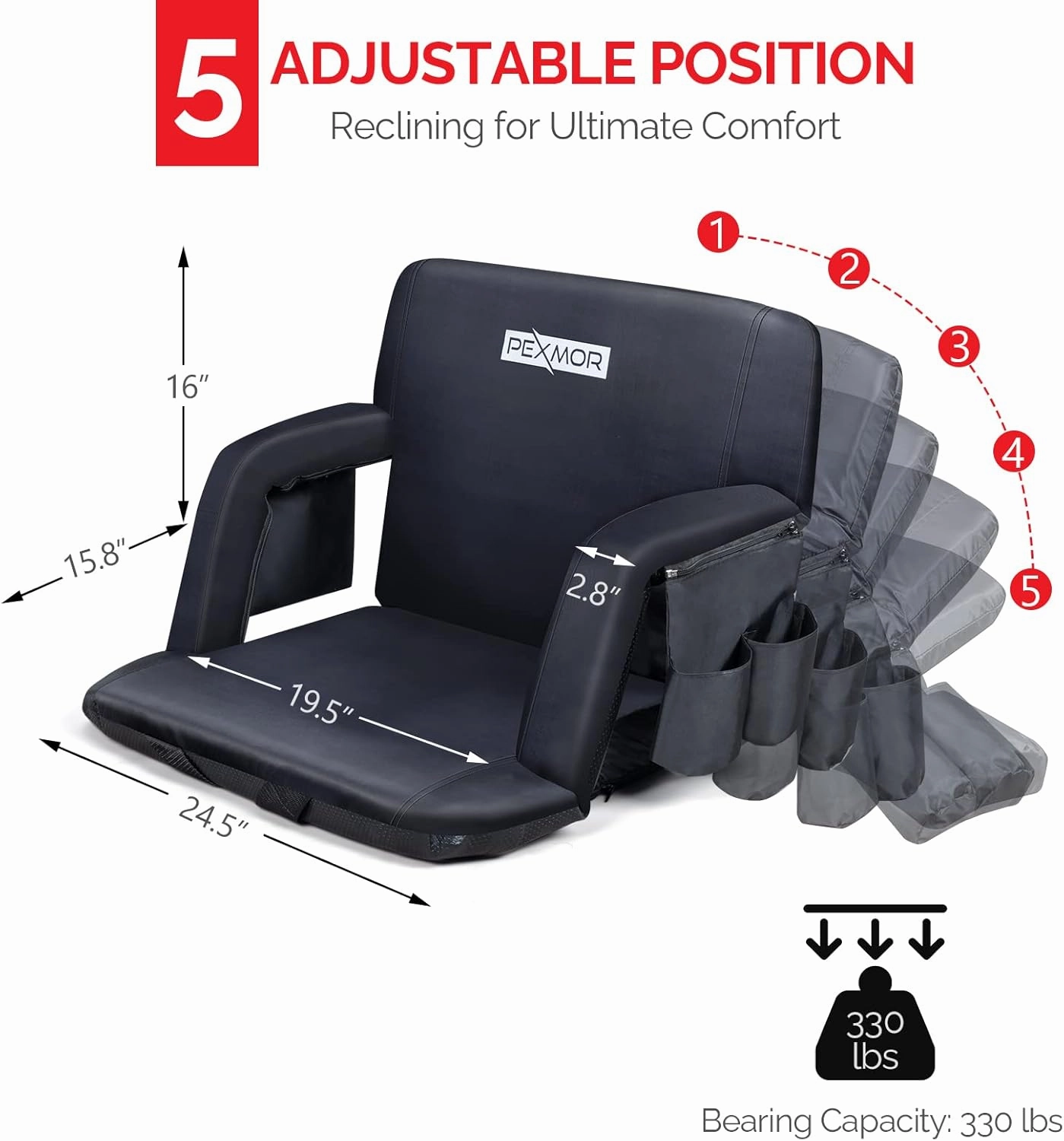 PEXMOR Heated Stadium Seats w/Back Support 3 Level Heating, 5 Reclining Positions Portable Bleacher Chair w/Cushion & Armrest, w/2 Pockets, Carrying Bag, No Battery