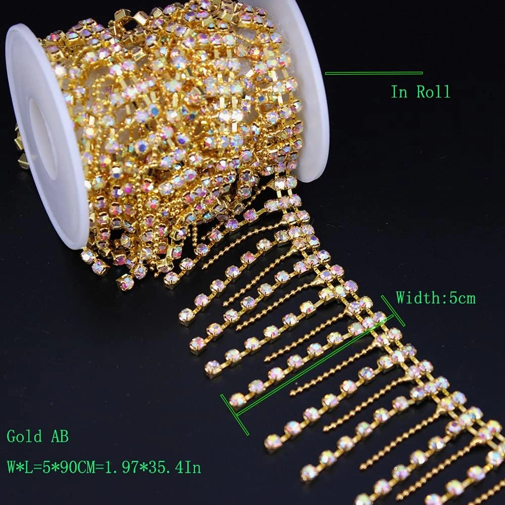 Phicmanlo 1 Yard Bling Crystal Rhinestone Chain Trim Tassel Fringe Belly Dance Dress Embellishment Sparkling Wedding Bridal Necklace Prom Evening Dress Applique (Gold AB)