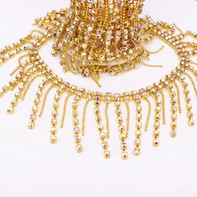 Phicmanlo 1 Yard Bling Crystal Rhinestone Chain Trim Tassel Fringe Belly Dance Dress Embellishment Sparkling Wedding Bridal Necklace Prom Evening Dress Applique (Gold AB)