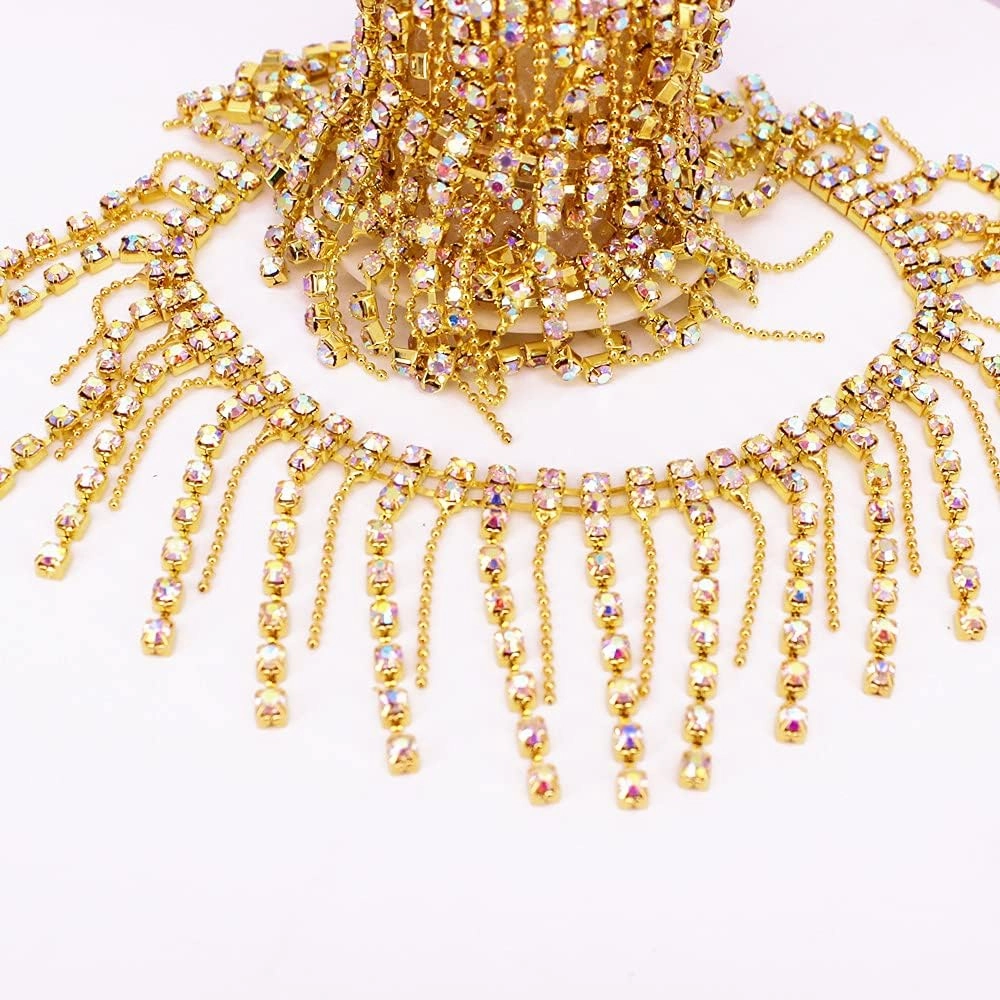 Phicmanlo 1 Yard Bling Crystal Rhinestone Chain Trim Tassel Fringe Belly Dance Dress Embellishment Sparkling Wedding Bridal Necklace Prom Evening Dress Applique (Gold AB)