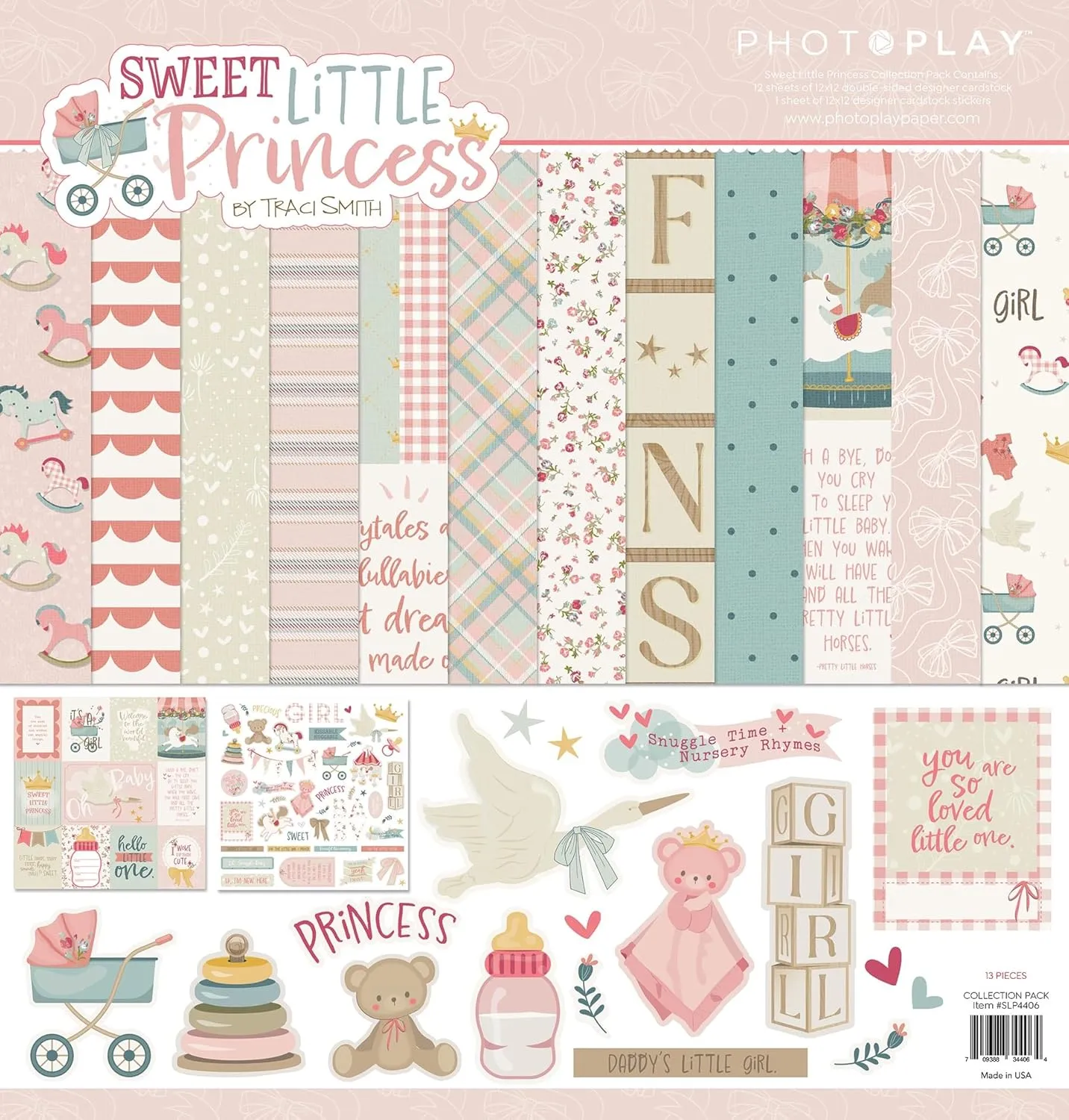 PhotoPlay Sweet Little Princess Scrapbooking Kit - 12x12 inch Cardstock - Pastel, Soft Colors