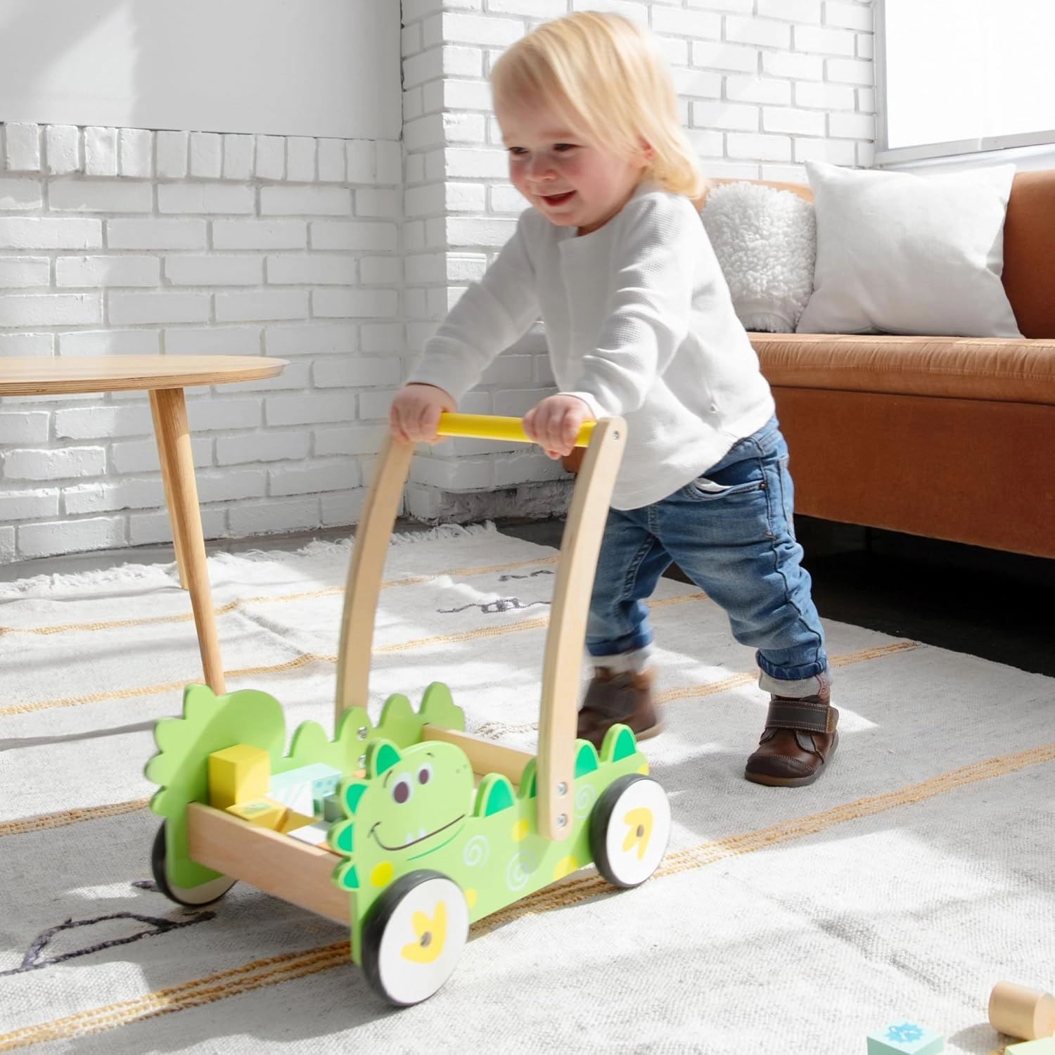 Pidoko Kids Wooden Baby Walker | Gift for 1 Year Old Boy Girl | Includes Dinosaur Push Walker, 36 Pcs Wooden Toddler Blocks, Stacking Cups and Board Book