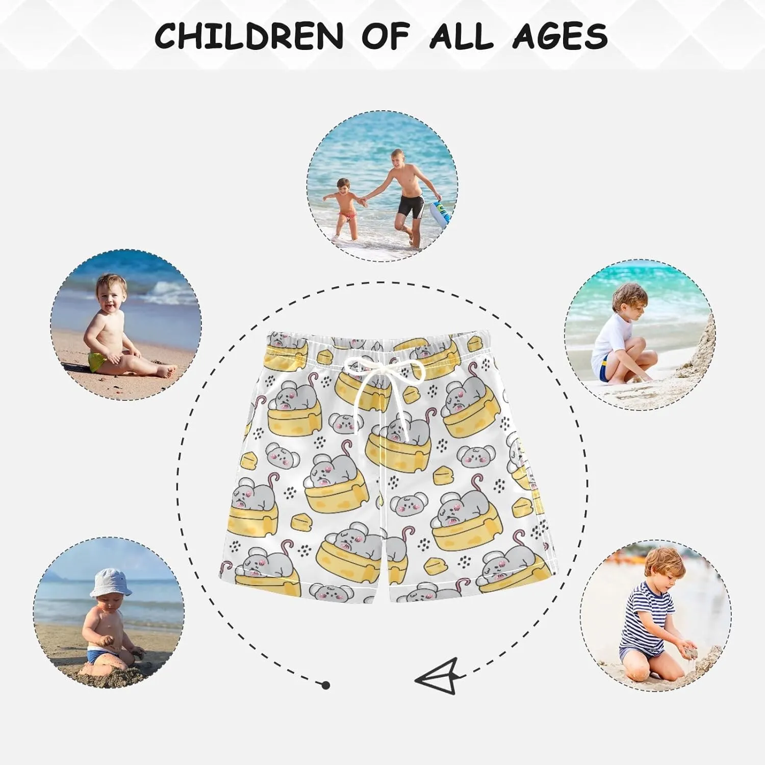 Pigsaly Boys Swim Trunks Cute Rat Lay Cheese Mouse Toddler Beach Board Shorts Baby Summer Bathing Suit 2T