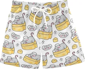 Pigsaly Boys Swim Trunks Cute Rat Lay Cheese Mouse Toddler Beach Board Shorts Baby Summer Bathing Suit 2T