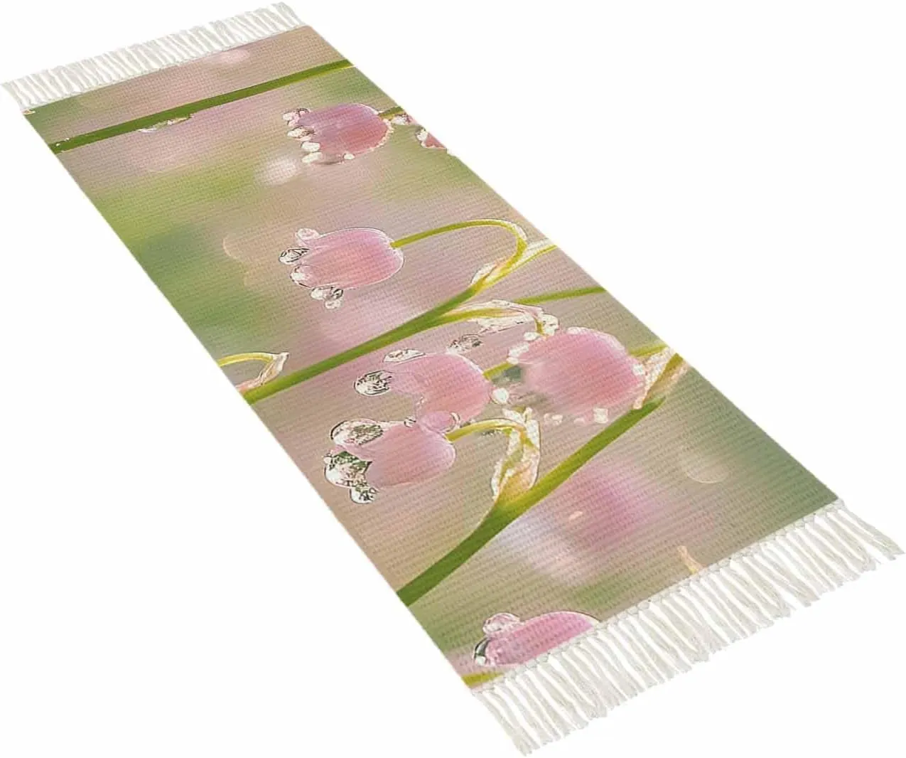 Pink Spring Floral Kitchen Runner Rug 2x4 Bedside Rug with Tassel Cotton Woven Throw Rugs Washable Hallway Runner Rug Lily of The Valley Summer Flowers Floor Carpet for Bedroom Bathroom Living Room
