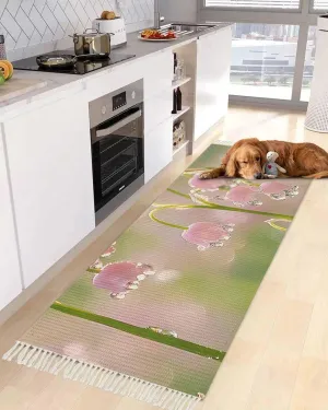Pink Spring Floral Kitchen Runner Rug 2x4 Bedside Rug with Tassel Cotton Woven Throw Rugs Washable Hallway Runner Rug Lily of The Valley Summer Flowers Floor Carpet for Bedroom Bathroom Living Room