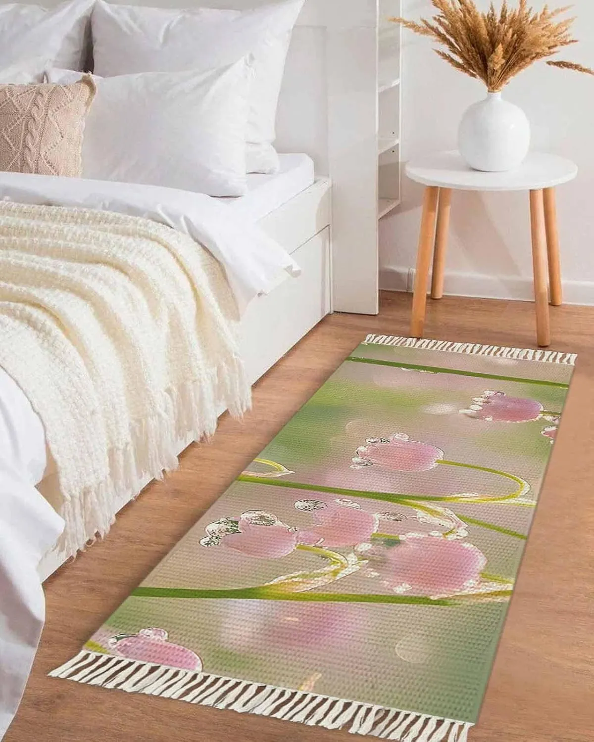 Pink Spring Floral Kitchen Runner Rug 2x4 Bedside Rug with Tassel Cotton Woven Throw Rugs Washable Hallway Runner Rug Lily of The Valley Summer Flowers Floor Carpet for Bedroom Bathroom Living Room