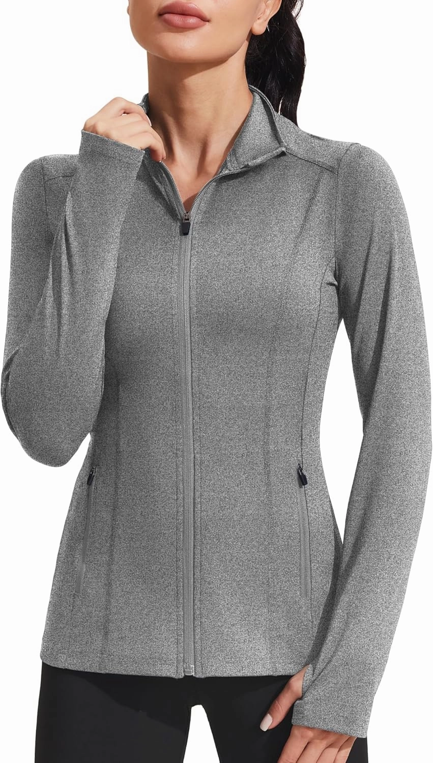 PINSPARK Women's Athletic Jackets Slim Fit Workout Jacket Full Zip Up Running Gym Yoga Sports Tops with Pockets