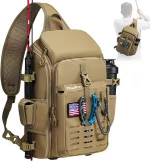 Piscifun Fishing Sling Tackle Bag with Rod & Gear Holder, Lightweight Sling Tackle Storage Bag with Protective Rain Cover, Outdoor Gear for Hiking, Khaki