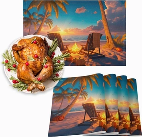 Placemats Set of 6,Autumn Beach Campfire Pumpkin Heatproof Non-Slip Table Mats Place Mat,Fall Sunset Seaside Theme Linen Washable Placemat for Kitchen Dinning Indoor Outdoor Party Decor