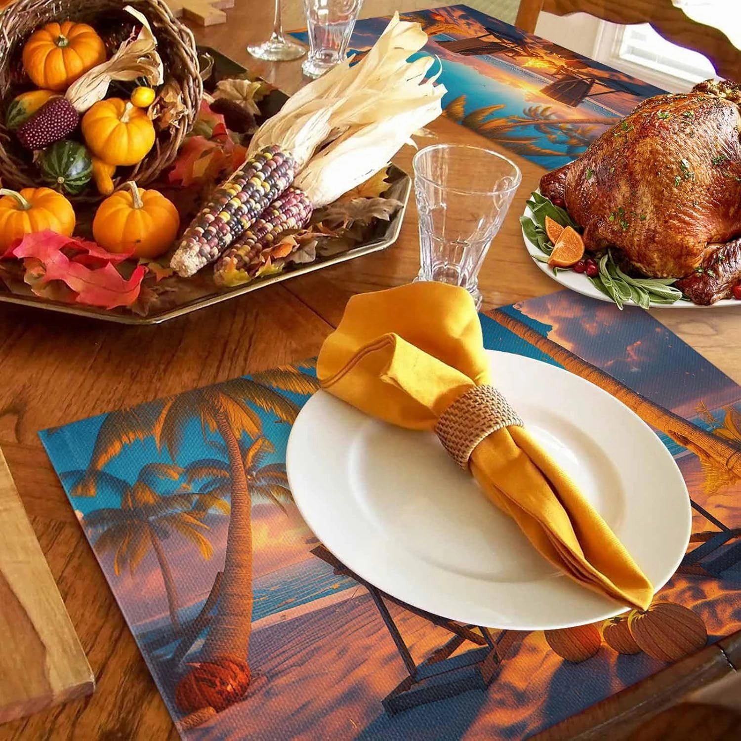 Placemats Set of 6,Autumn Beach Campfire Pumpkin Heatproof Non-Slip Table Mats Place Mat,Fall Sunset Seaside Theme Linen Washable Placemat for Kitchen Dinning Indoor Outdoor Party Decor