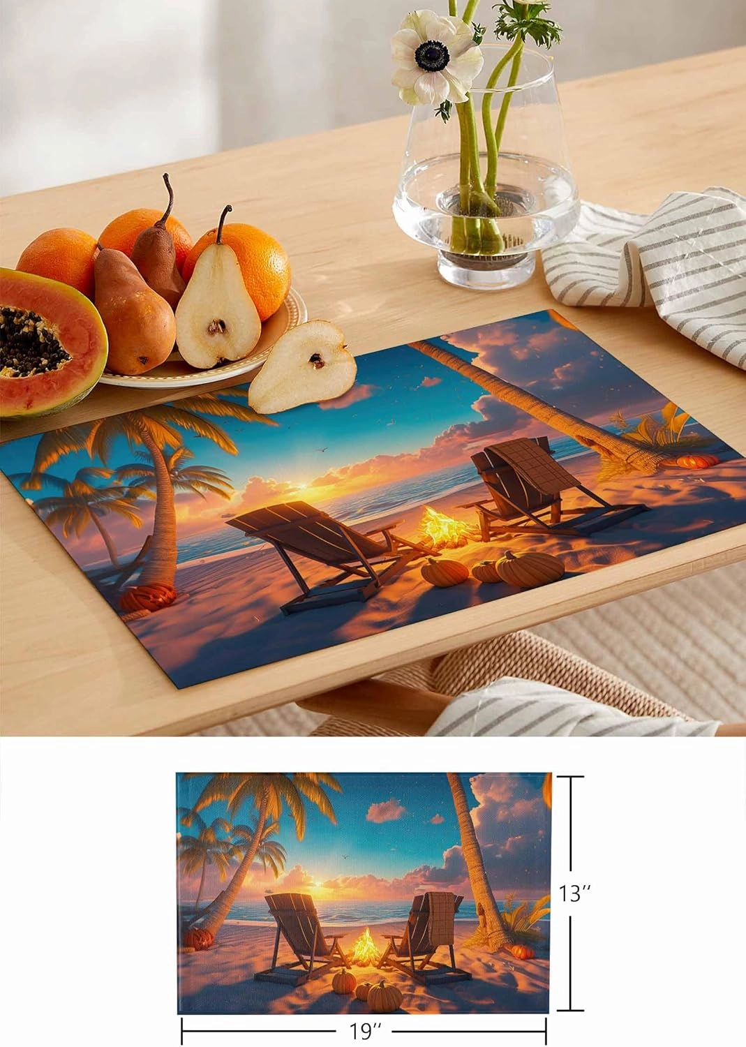 Placemats Set of 6,Autumn Beach Campfire Pumpkin Heatproof Non-Slip Table Mats Place Mat,Fall Sunset Seaside Theme Linen Washable Placemat for Kitchen Dinning Indoor Outdoor Party Decor