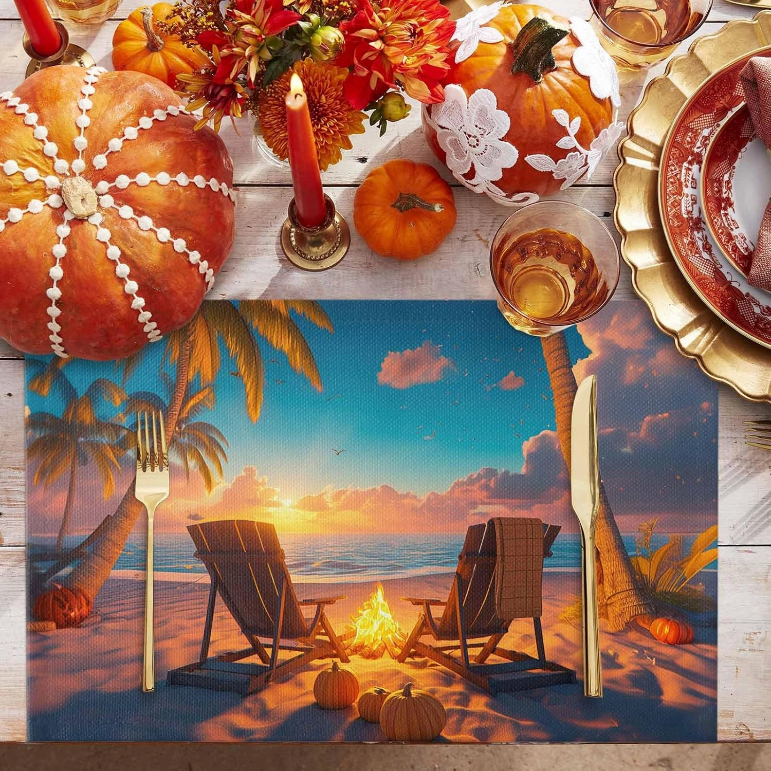 Placemats Set of 6,Autumn Beach Campfire Pumpkin Heatproof Non-Slip Table Mats Place Mat,Fall Sunset Seaside Theme Linen Washable Placemat for Kitchen Dinning Indoor Outdoor Party Decor