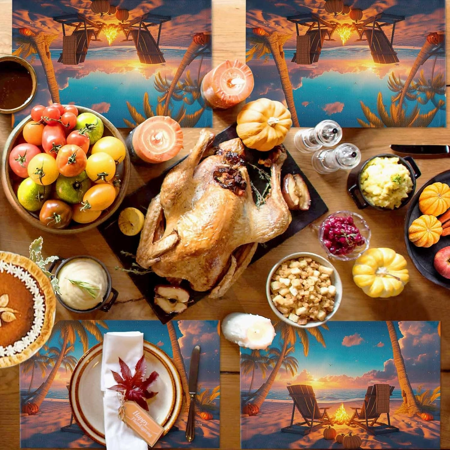 Placemats Set of 6,Autumn Beach Campfire Pumpkin Heatproof Non-Slip Table Mats Place Mat,Fall Sunset Seaside Theme Linen Washable Placemat for Kitchen Dinning Indoor Outdoor Party Decor