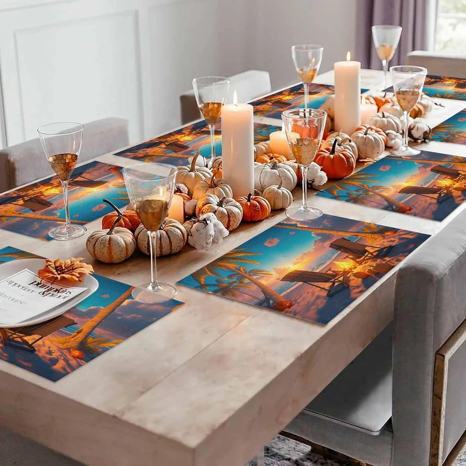Placemats Set of 6,Autumn Beach Campfire Pumpkin Heatproof Non-Slip Table Mats Place Mat,Fall Sunset Seaside Theme Linen Washable Placemat for Kitchen Dinning Indoor Outdoor Party Decor