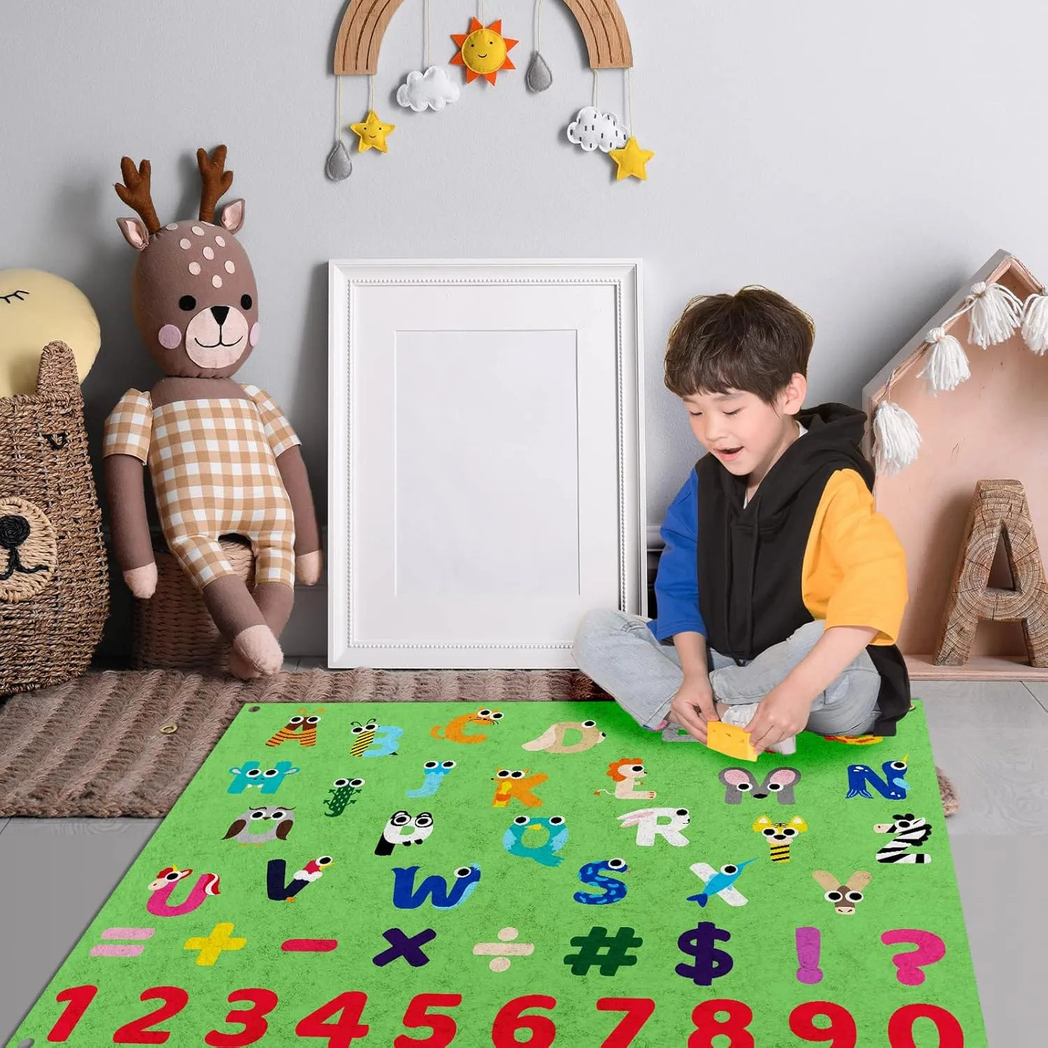 PLIGREAT Cute Animals Alphabet Letters Learning Felt Board Large Hanging Flannel Board Numbers Symbols Felt Board for Early Learning Nursery Classroom Wall Decor Christmas Holiday Birthday Gifts