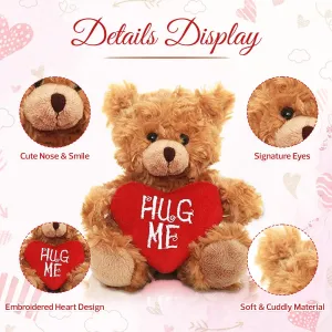 Plush Stuffed Animal Mocha Heart Bear – Hug Me Bears- Toy for Kids & Adults Valentine's Day - Embroidered Heart Pillow (9 inch Brown)