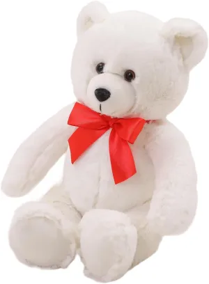 Plushland 15" Sitting Brown Fluffy Bear with Bowknot - Soft Plush Teddy Bear for Kids & Adults - Cuddly Stuffed Animal Gift for All Ages - Adorable Sitting Bear for Home & Nursery Decoration (White)