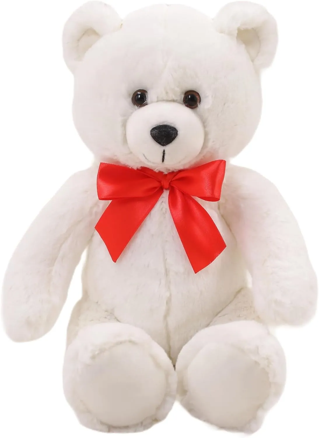Plushland 15" Sitting Brown Fluffy Bear with Bowknot - Soft Plush Teddy Bear for Kids & Adults - Cuddly Stuffed Animal Gift for All Ages - Adorable Sitting Bear for Home & Nursery Decoration (White)