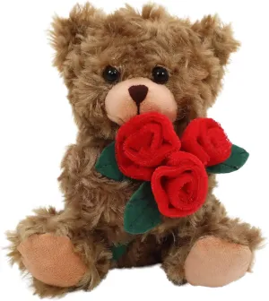 Plushland Stuffed Mocha Rose Bear, Plush Bear Toy for Kids & Adults - Red Rose in Hand - Brown-6 inches