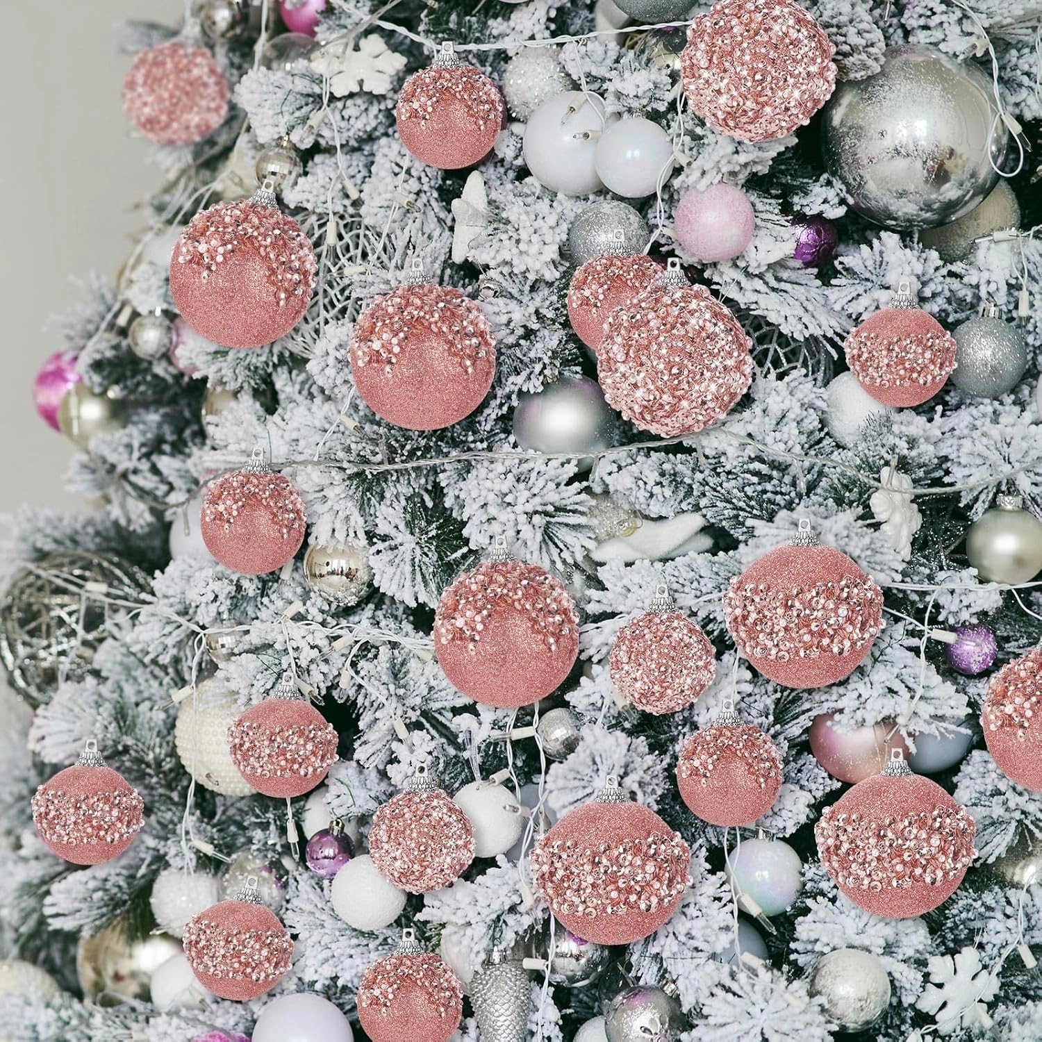 Poen 24 Pcs Glitter Christmas Ball Ornaments Set Christmas Tree Ornaments Hanging Sequin Foam Xmas Balls Decoration for Xmas Tree Wreath Garland Home Decor Wedding Party(Rose Gold)