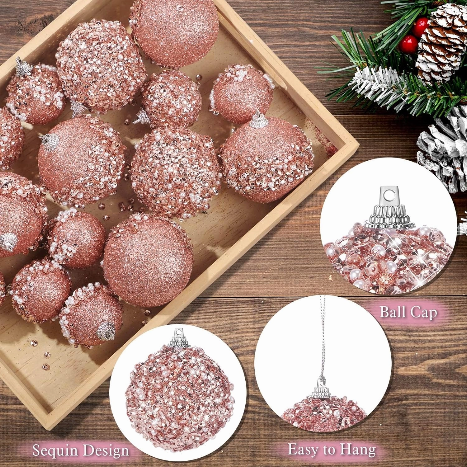 Poen 24 Pcs Glitter Christmas Ball Ornaments Set Christmas Tree Ornaments Hanging Sequin Foam Xmas Balls Decoration for Xmas Tree Wreath Garland Home Decor Wedding Party(Rose Gold)