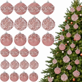 Poen 24 Pcs Glitter Christmas Ball Ornaments Set Christmas Tree Ornaments Hanging Sequin Foam Xmas Balls Decoration for Xmas Tree Wreath Garland Home Decor Wedding Party(Rose Gold)