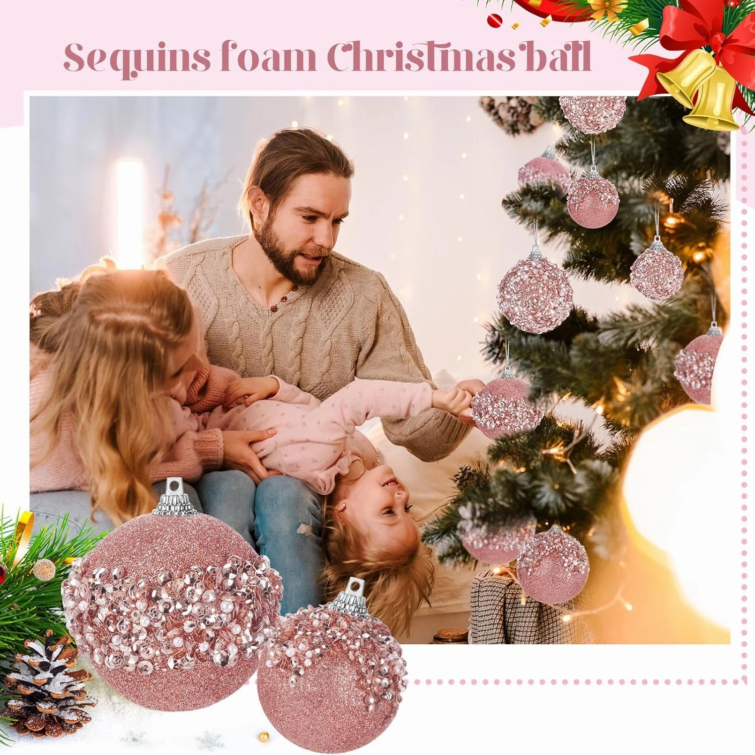 Poen 24 Pcs Glitter Christmas Ball Ornaments Set Christmas Tree Ornaments Hanging Sequin Foam Xmas Balls Decoration for Xmas Tree Wreath Garland Home Decor Wedding Party(Rose Gold)