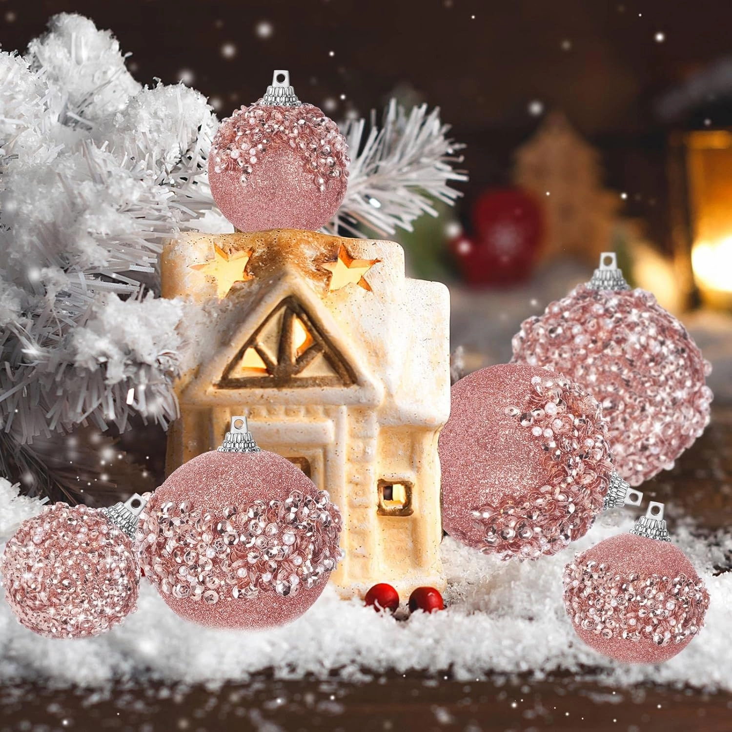 Poen 24 Pcs Glitter Christmas Ball Ornaments Set Christmas Tree Ornaments Hanging Sequin Foam Xmas Balls Decoration for Xmas Tree Wreath Garland Home Decor Wedding Party(Rose Gold)