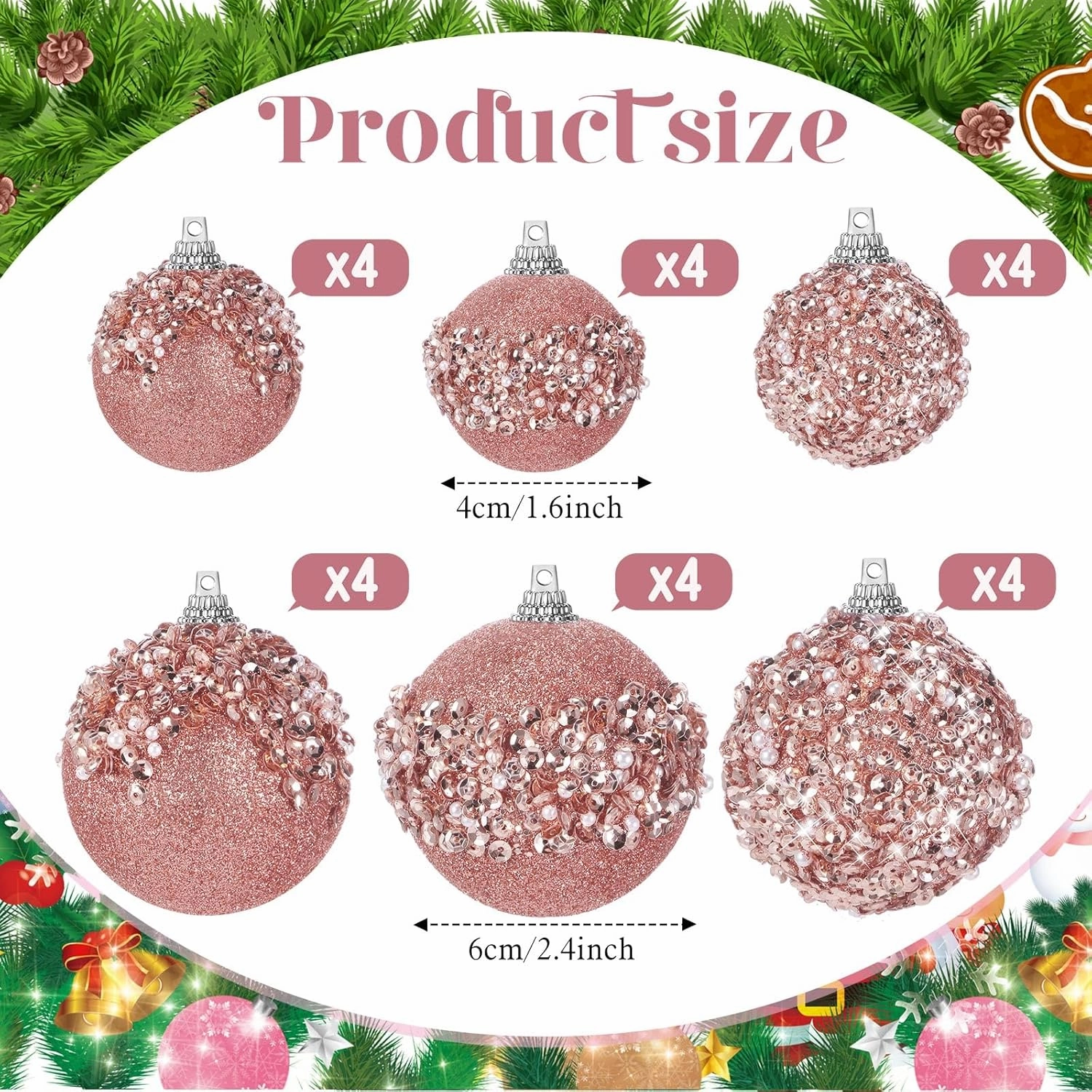 Poen 24 Pcs Glitter Christmas Ball Ornaments Set Christmas Tree Ornaments Hanging Sequin Foam Xmas Balls Decoration for Xmas Tree Wreath Garland Home Decor Wedding Party(Rose Gold)