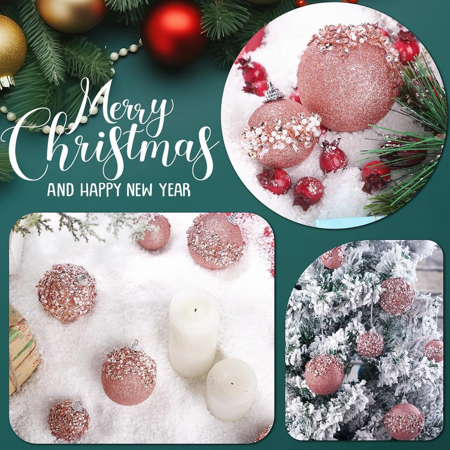 Poen 24 Pcs Glitter Christmas Ball Ornaments Set Christmas Tree Ornaments Hanging Sequin Foam Xmas Balls Decoration for Xmas Tree Wreath Garland Home Decor Wedding Party(Rose Gold)