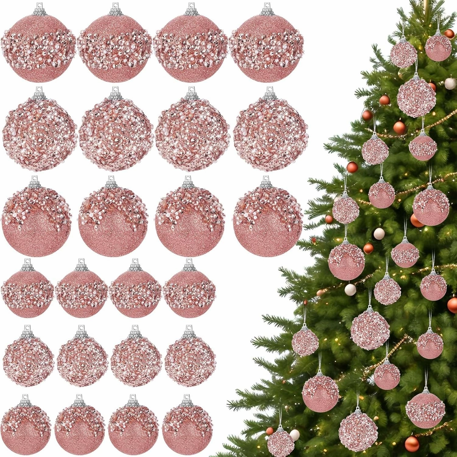 Poen 24 Pcs Glitter Christmas Ball Ornaments Set Christmas Tree Ornaments Hanging Sequin Foam Xmas Balls Decoration for Xmas Tree Wreath Garland Home Decor Wedding Party(Rose Gold)