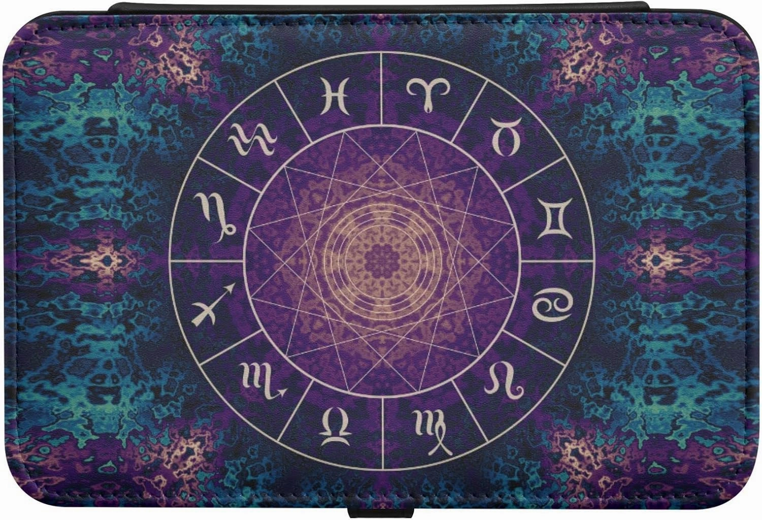 Poeticcity Purple Magic Circle with Zodiacs Sign on Abstract Mystic Travel Jewelry Box, PU Leather Small Jewelry Organizer for Women, Black Storage Holder Boxes for Earrings, Rings, Necklaces