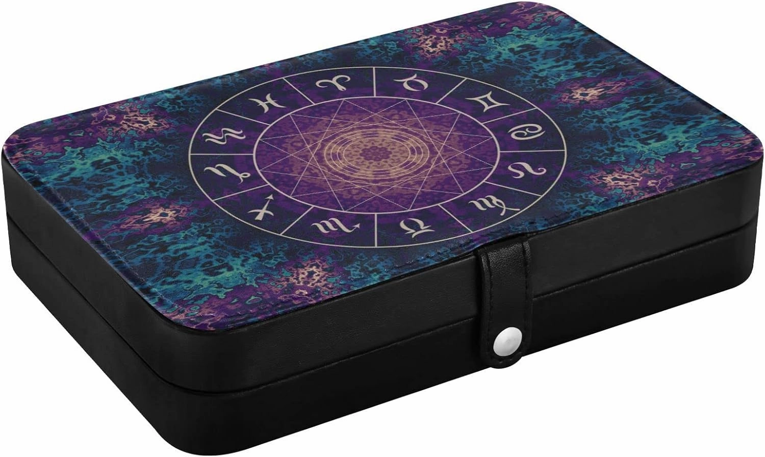 Poeticcity Purple Magic Circle with Zodiacs Sign on Abstract Mystic Travel Jewelry Box, PU Leather Small Jewelry Organizer for Women, Black Storage Holder Boxes for Earrings, Rings, Necklaces