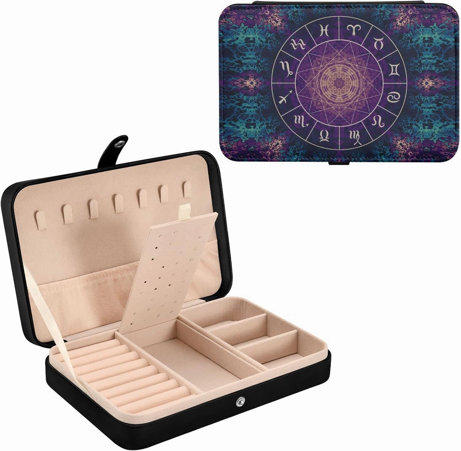 Poeticcity Purple Magic Circle with Zodiacs Sign on Abstract Mystic Travel Jewelry Box, PU Leather Small Jewelry Organizer for Women, Black Storage Holder Boxes for Earrings, Rings, Necklaces