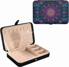 Poeticcity Purple Magic Circle with Zodiacs Sign on Abstract Mystic Travel Jewelry Box, PU Leather Small Jewelry Organizer for Women, Black Storage Holder Boxes for Earrings, Rings, Necklaces