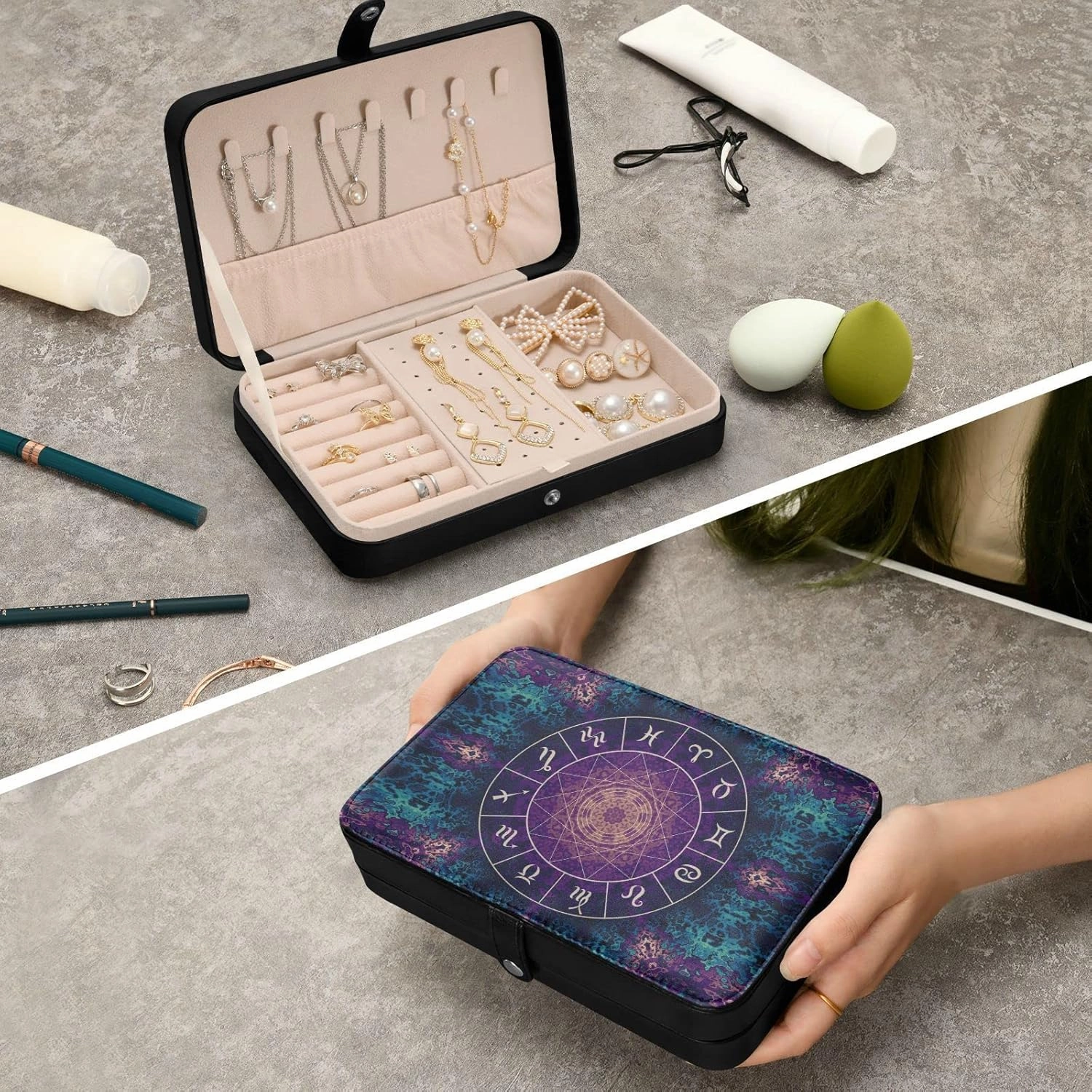 Poeticcity Purple Magic Circle with Zodiacs Sign on Abstract Mystic Travel Jewelry Box, PU Leather Small Jewelry Organizer for Women, Black Storage Holder Boxes for Earrings, Rings, Necklaces