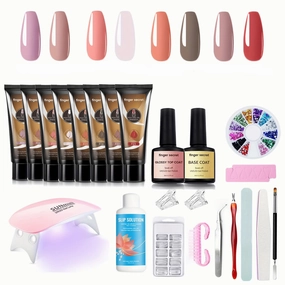 Poly Nail Gel Kit Beginner,8Colors Poly Extension Gel Nail Kit With Nail Lamp Slip Solution,Builder Gel Nail Extension Kit With Manicure Tools for Starter DIY Nail Supplies Gift Kit