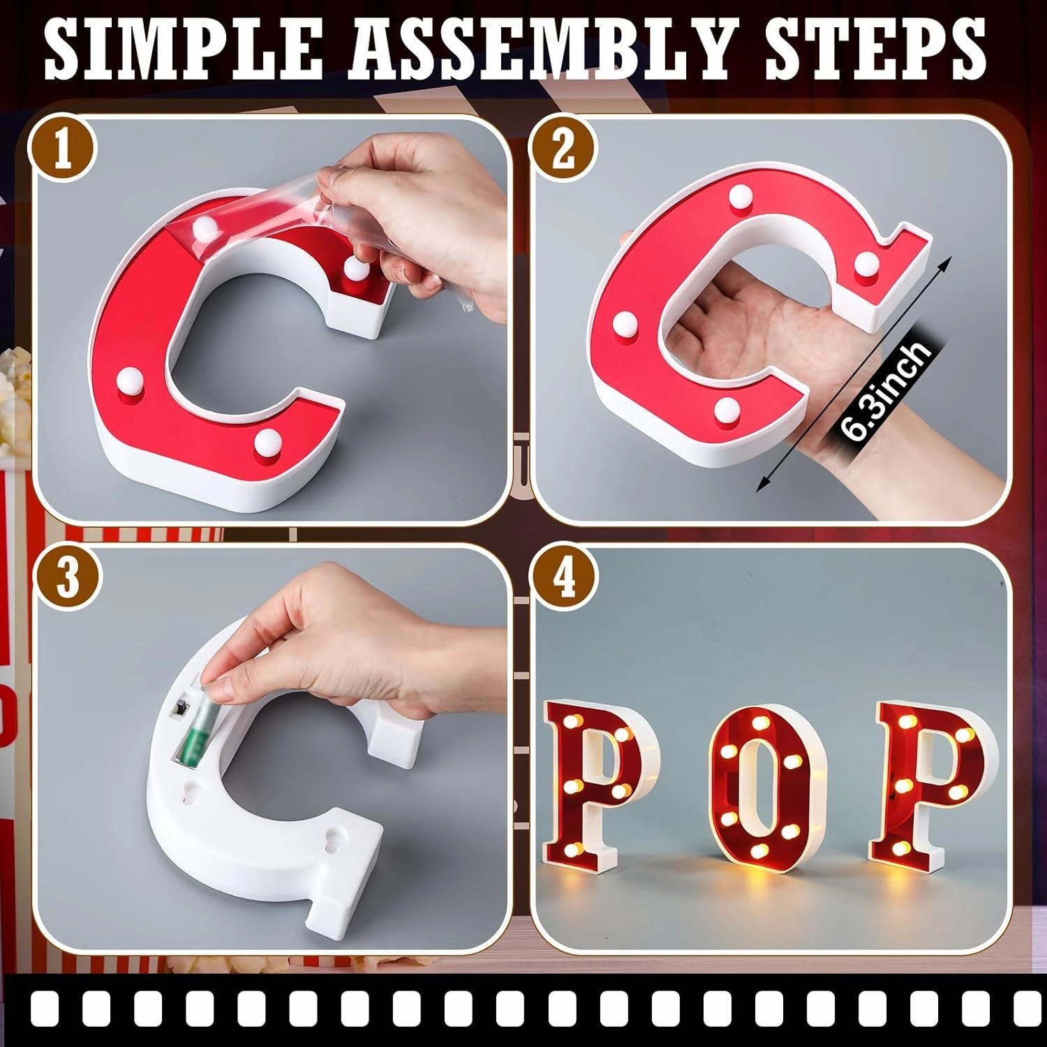 Popcorn Light up Letters Sign Party Decorations Battery Powered Marquee Lighted Sign LED Alphabet Letter Lights for Night Party Tabletop Decor Supplies
